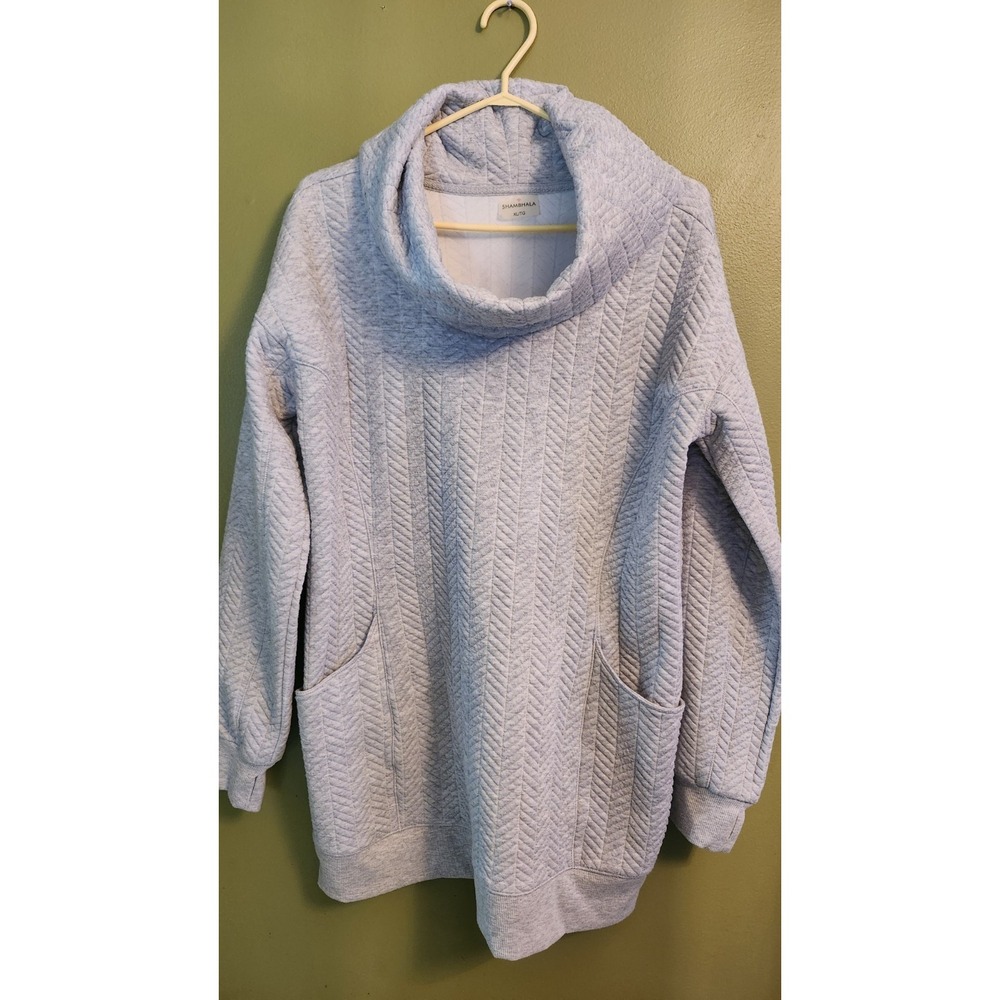 Shambhala‎ Quilted Cowl Neck Sweater Light Gray Women's Lg Yoga Thumb Holes